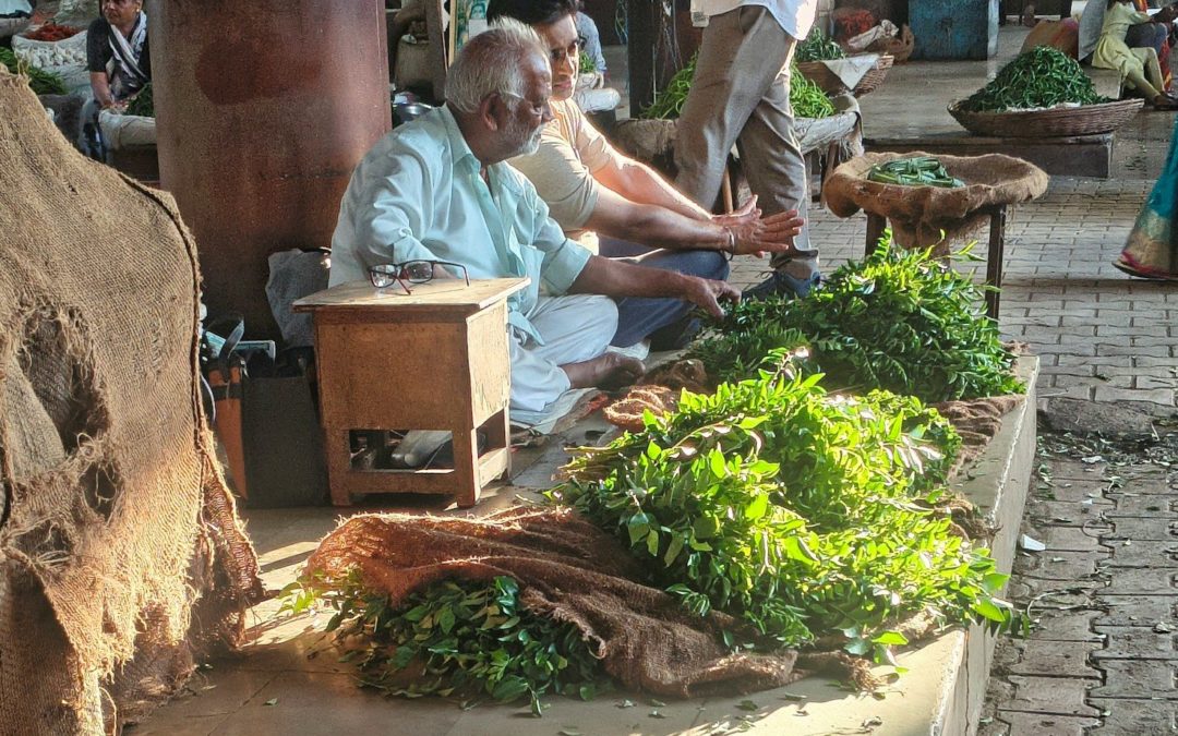 Two men sitting on a floor beside piles of fresh green curry leaves
