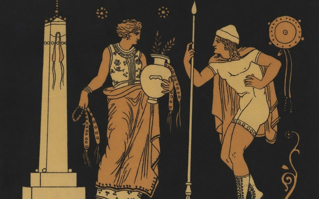 Two figures in ancient greek attire with a column